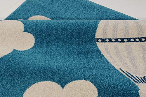Blue and White Soft Kids Area Rug with Balloons & Clouds Design - 6'7