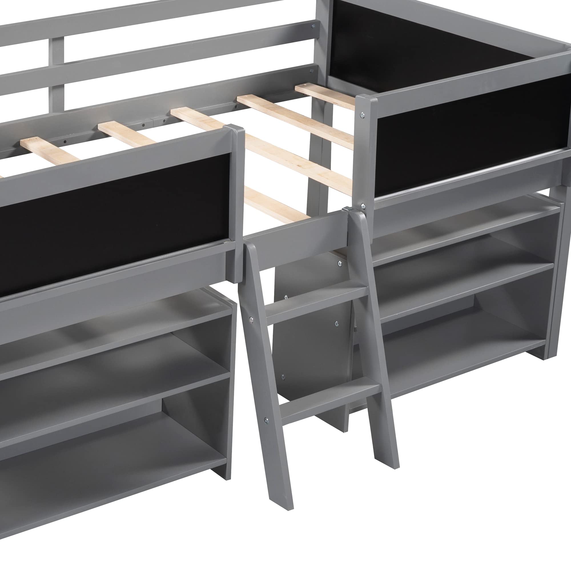 Wooden Twin Size Loft Bed for Kids with 2 Movable Shelves & Chalkboard - Low Loft Bed Frame for Boys & Girls in Grey - Perfect for Small Bedrooms, Playrooms & Dorm Rooms