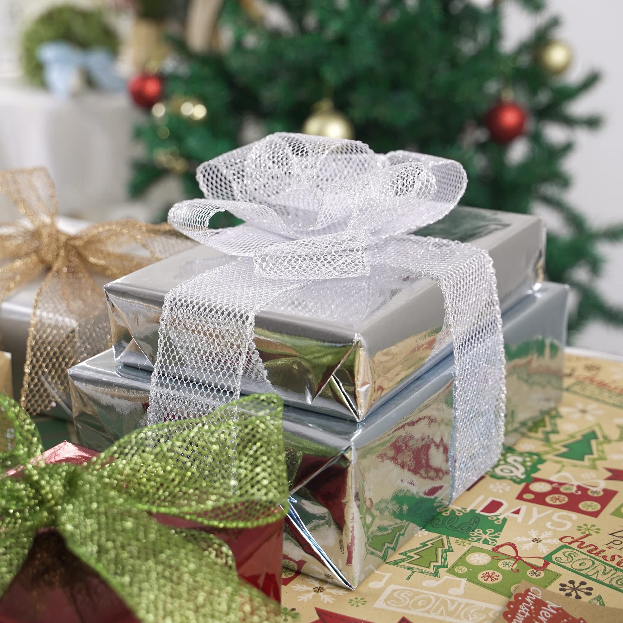 Sparkling Silver Glitter Mesh Wired Ribbon - 2.5