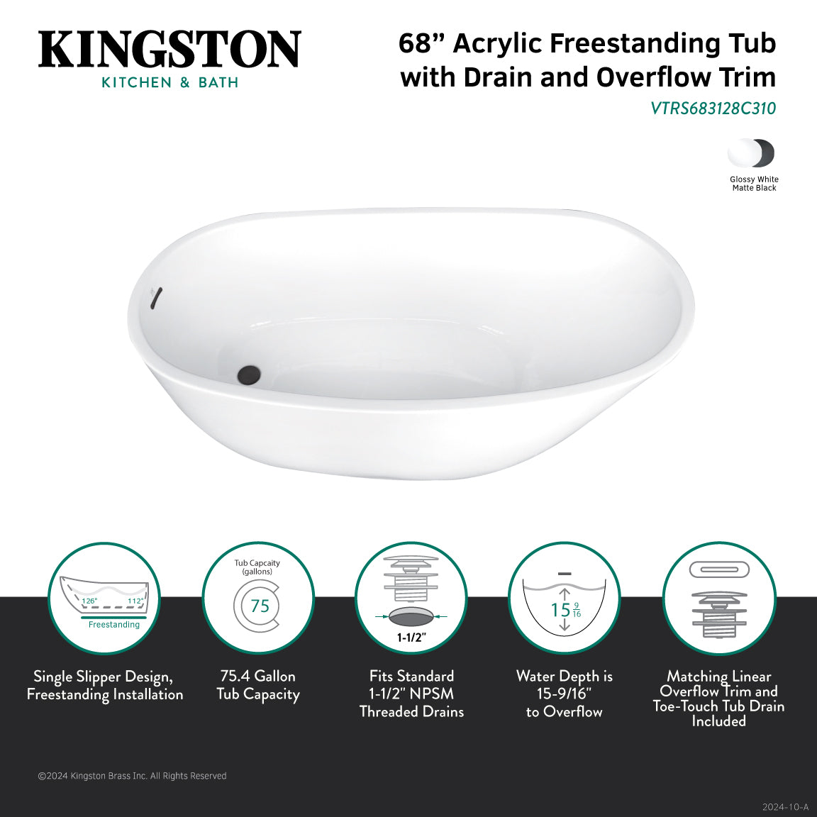 Aqua Eden 68 Inch Acrylic Oval Freestanding Bathtub - Glossy White/Matte Black Slipper Tub with Drain - Perfect for Luxury Bathrooms & Spa Retreats