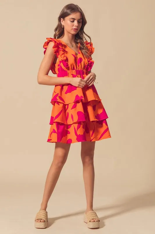 Stylish Orange Layered Resort Dress with Elastic Waist - Perfect for Beach Vacations, Summer Parties & Tropical Getaways