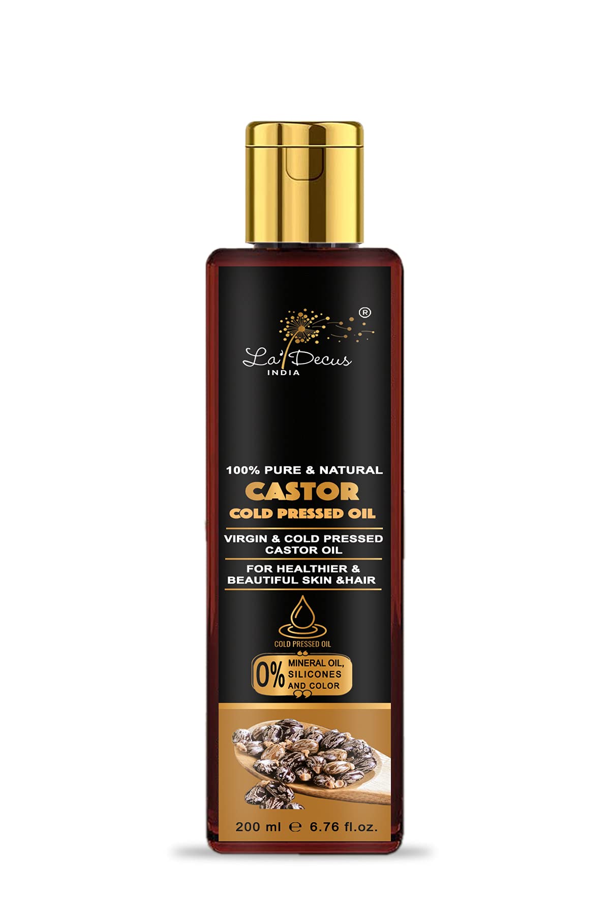 La' Decus® 100% Pure Virgin Cold Pressed Castor Oil for Hair Growth & Eyelashes - Natural, Chemical-Free, Hexane-Free (200ml) | Promotes Thicker Hair & Stronger Lashes | Perfect for Hair Care, Skin Moisturizing & DIY Beauty Treatments