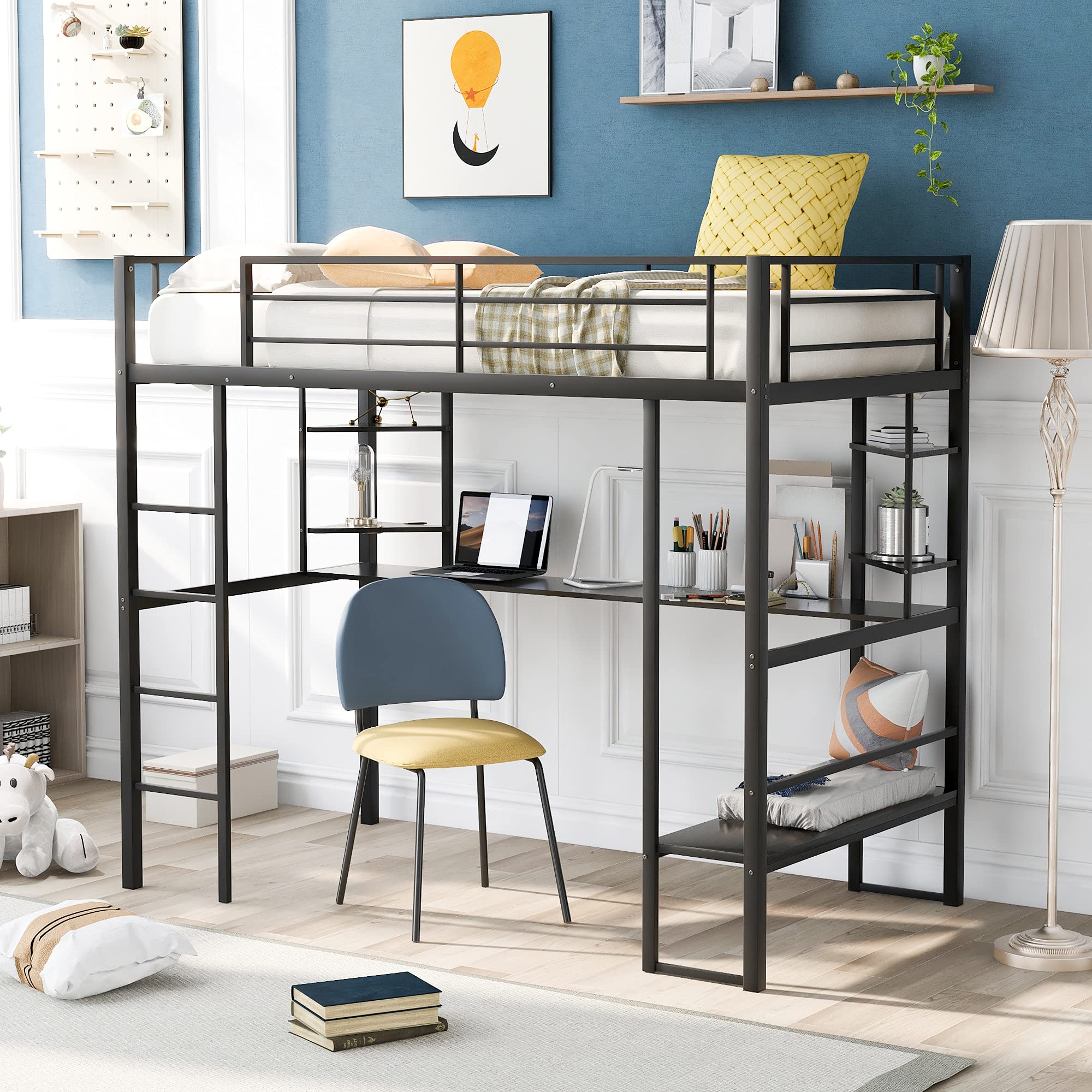 **Loft Metal Twin Bed Frame with Built-in Desk & Storage Shelves - Kids & Teens Study Bed with Ladder & Safety Guardrails - Space-Saving Solution for Small Bedrooms, Dorms & Guest Rooms (Black, No Box Spring Needed)**