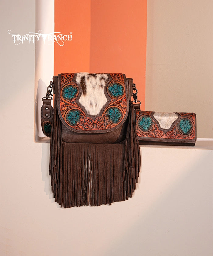 Genuine Hair-On Cowhide Crossbody Bag with Tooled Fringe - Trinity Ranch Western Style Purse for Women | Perfect for Rodeo, Country Concerts & Boho Fashion