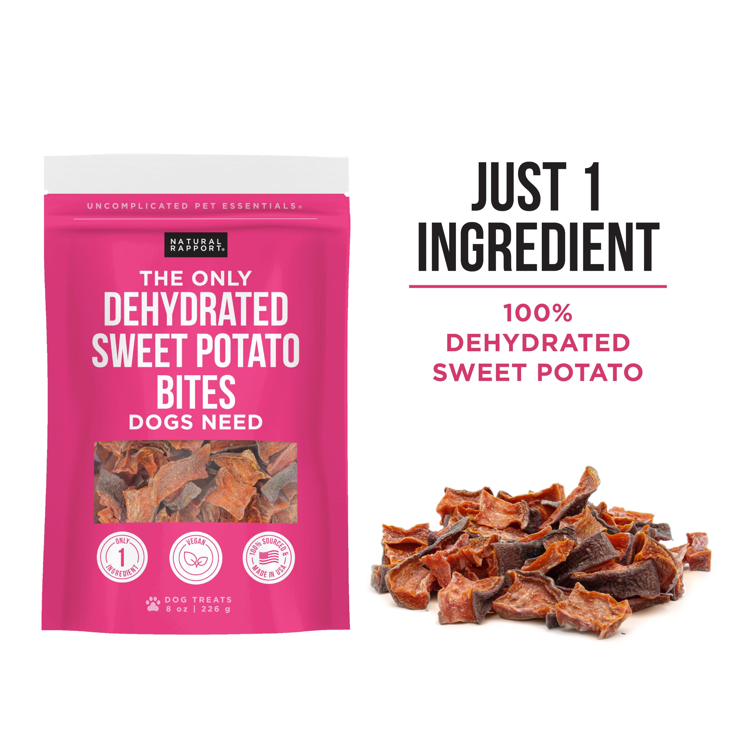 Natural Rapport Sweet Potato Bites for Dogs - 100% Dehydrated Sweet Potato Dog Treats, Grain-Free & Healthy Chews (8 oz) - Perfect for Training Rewards, Dental Health & On-the-Go Snacking