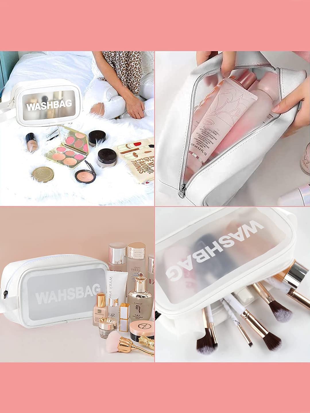 Amso Waterproof PVC Cosmetic Bag - Travel Makeup Organizer for Brushes & Toiletry Essentials, Portable Zippered Makeup Pouch for Women (White, Medium) | Perfect for Home, Gym, Vacation & Daily Use