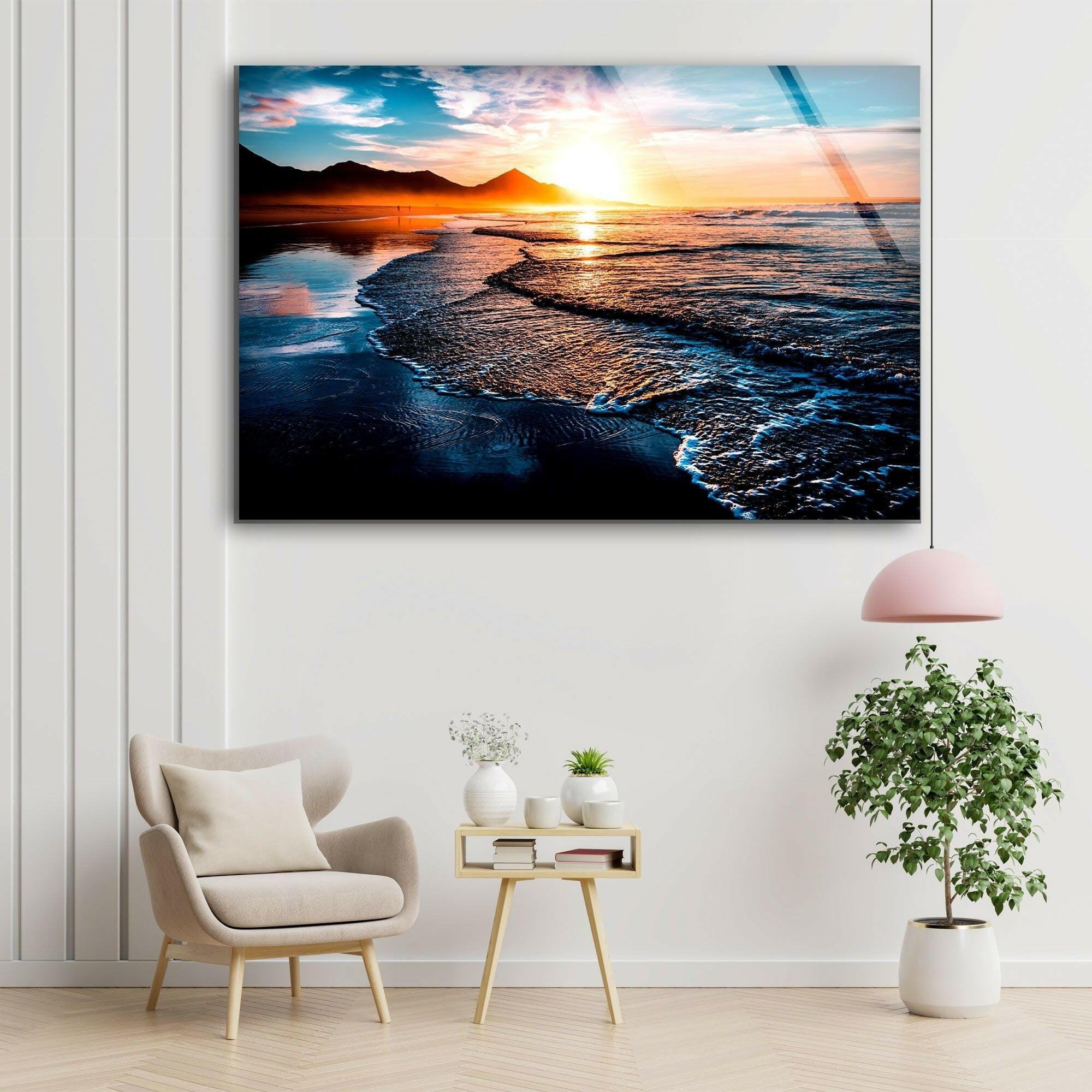 Sunset Beach & Ocean Waves Glass Wall Art - Coastal Home Decor for Living Room, Bedroom, or Office