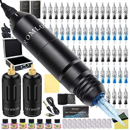 Romlon Professional Wireless Tattoo Machine Kit - Complete Tattoo Gun Set with 2 Wireless Power Supplies, 40 Cartridge Needles, Tattoo Ink & Accessories | Ideal for Tattoo Artists & Beginners | Home Studio & Professional Use