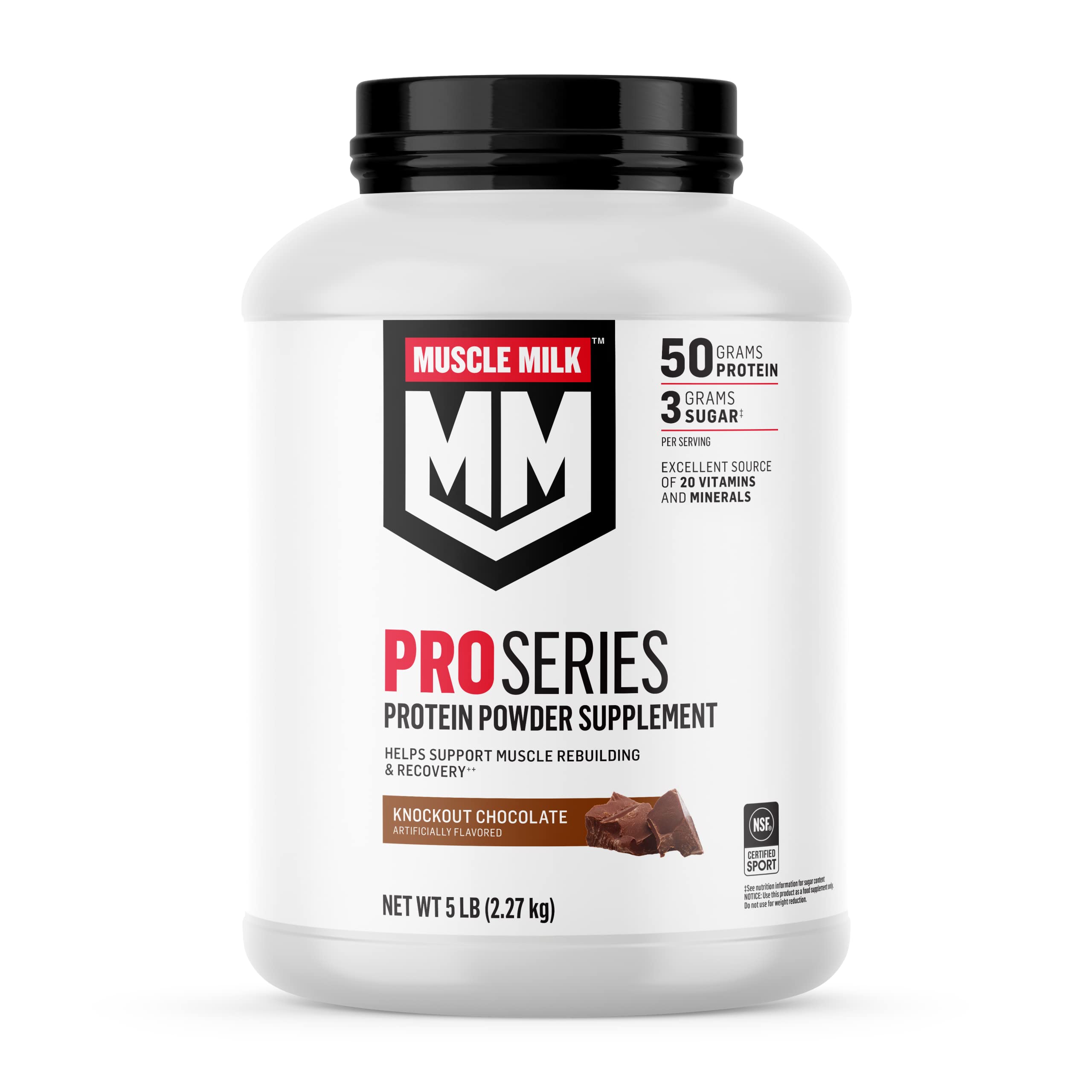 Muscle Milk Pro Series Protein Powder - Knockout Chocolate Flavor, 5lb (28 Servings) | 50g Protein, 3g Sugar, 20 Vitamins & Minerals | NSF Certified for Sport | Post-Workout Recovery & Muscle Building Supplement | Ideal for Gym, Fitness & Athletic Performance