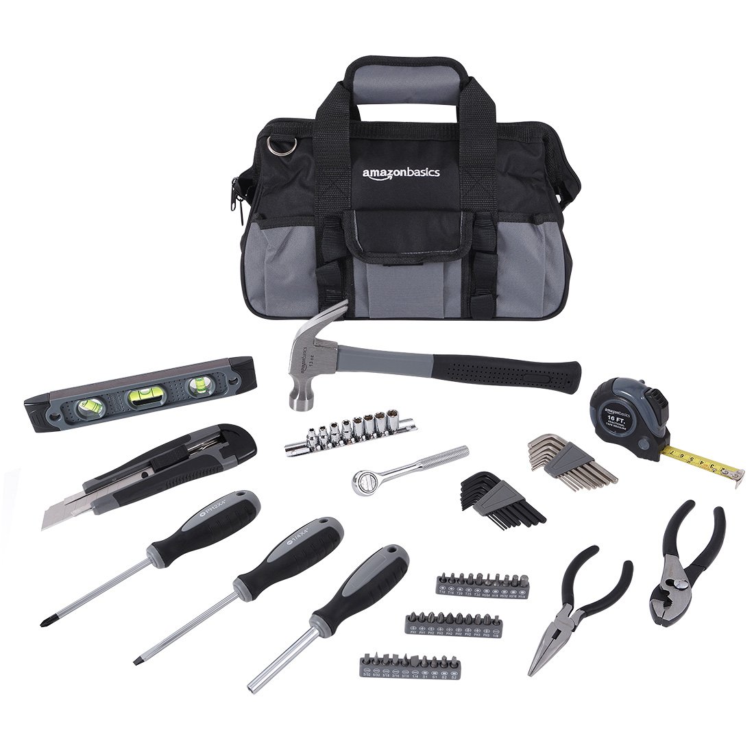 Amazon Basics 65-Piece Home Repair Tool Kit Set with Storage Bag - Essential DIY Tools for Household Fixes, Furniture Assembly & Small Projects