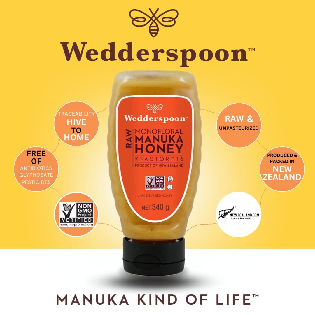 Wedderspoon Raw Manuka Honey KFactor 12+ - 12 oz (Pack of 6) | 100% Pure New Zealand Manuka Honey | Perfect for Tea, Toast & Immune Support