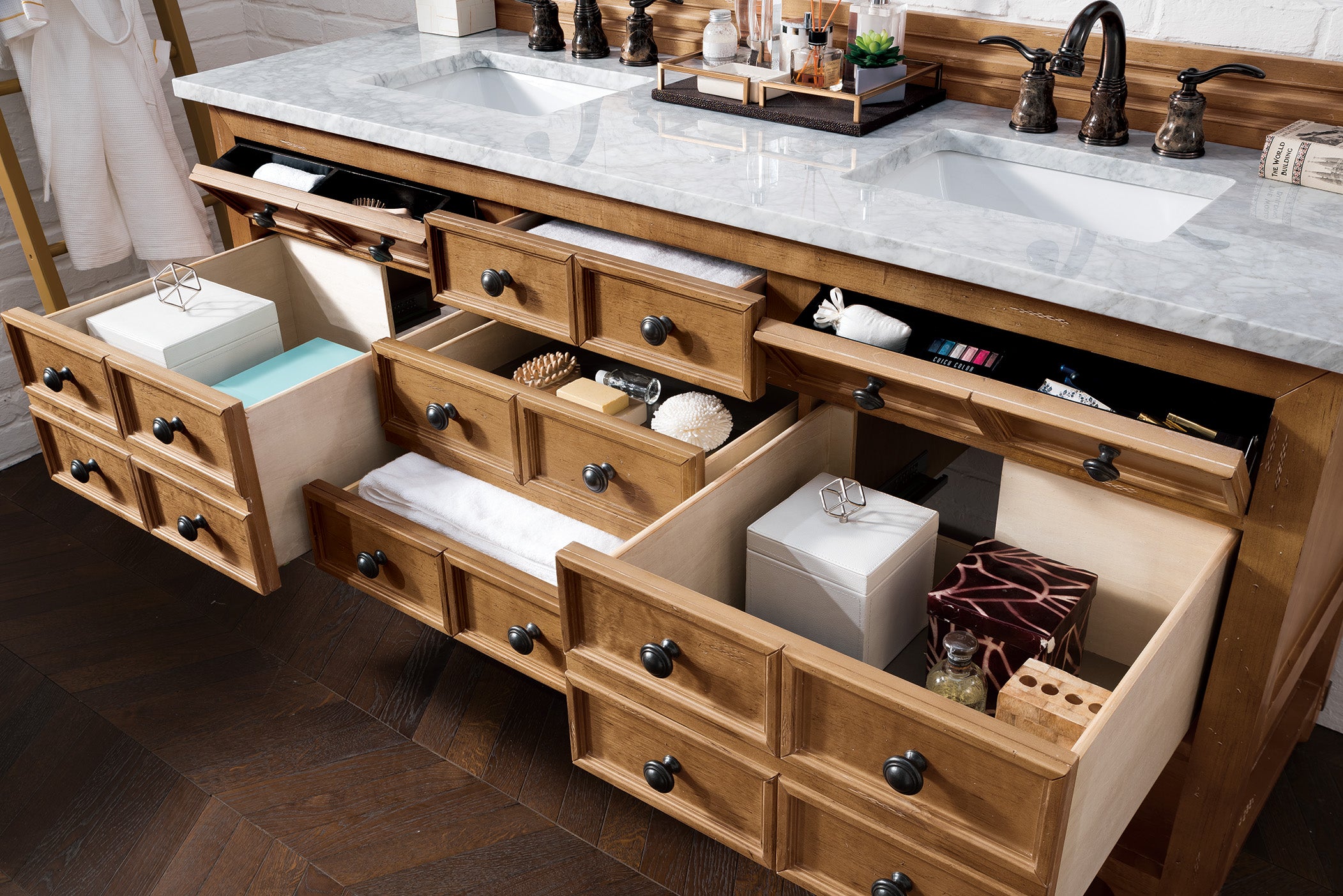 Malibu 72 Inch Double Bathroom Vanity with Honey Alder Wood & 3CM Carrara Marble Top - Perfect for Master Bathroom Renovation & Luxury Home Decor