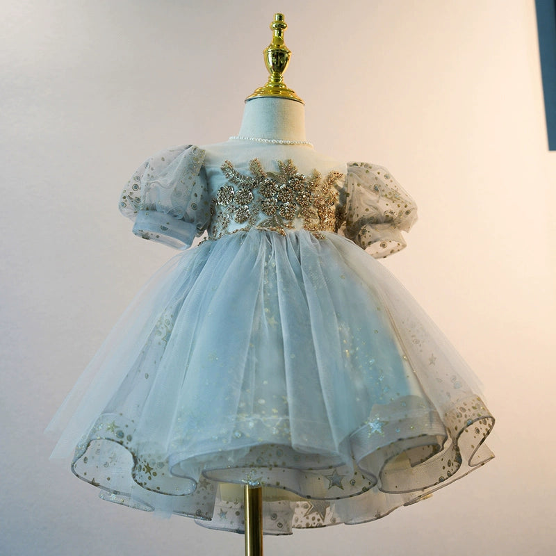 Dusty Blue Princess Round Tea Length Tulle Flower Girl Dress for Weddings & Special Occasions
