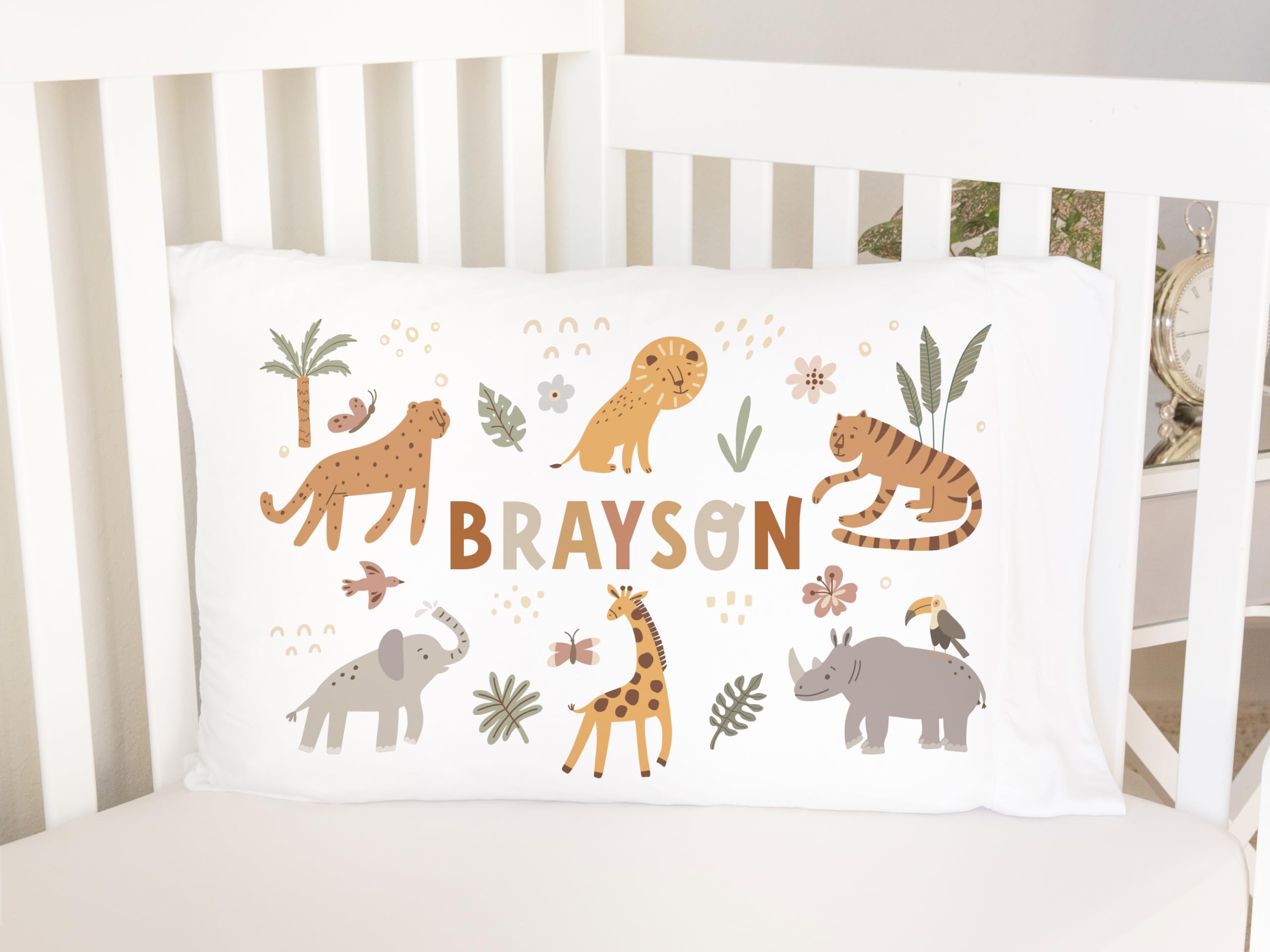 Personalized Safari Animals Pillowcase - Kids' Name Jungle Decor for Nursery & Bedroom