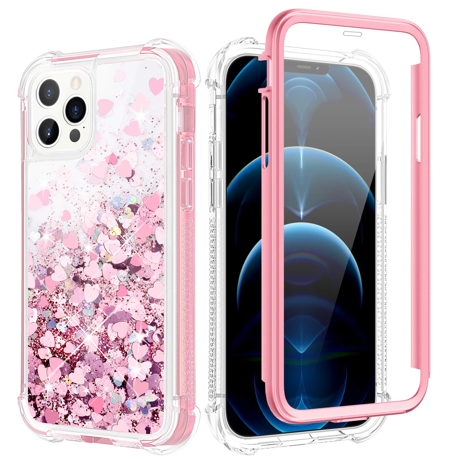iPhone 12 Pro Max Case (6.7 inch, 2020) - Glitter Bling Liquid Sparkle Clear Protective Cover with Fashion Flowing Quicksand Design | Rose Gold | Perfect for Women & Girls | Great for Parties, Daily Use & Gift Giving