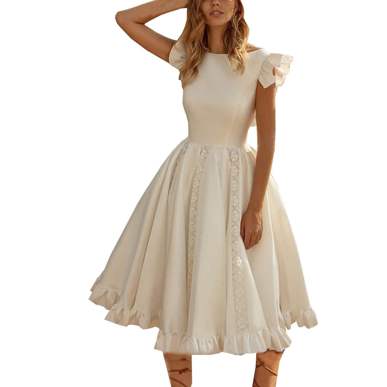 Elegant Floral Lace Wedding Guest Dress for Women - Round Neck Cap Sleeve Ruffle Midi Swing Dress - Perfect for Bridal Showers, Garden Parties & Formal Events
