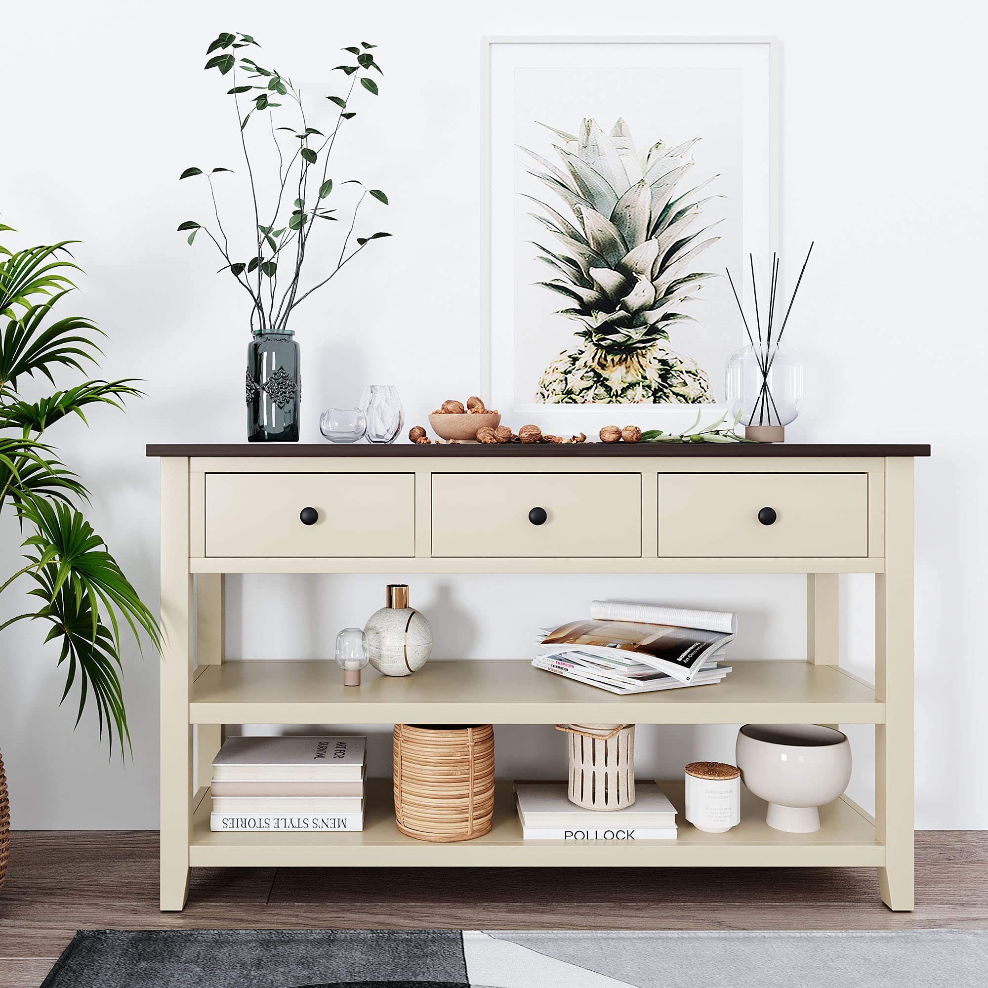 50 Inch Rustic Console Table with 3 Drawers & 2-Tier Open Shelf - Entryway Sofa Table for Living Room, Hallway - Beige Wooden Storage Solution for Home Decor