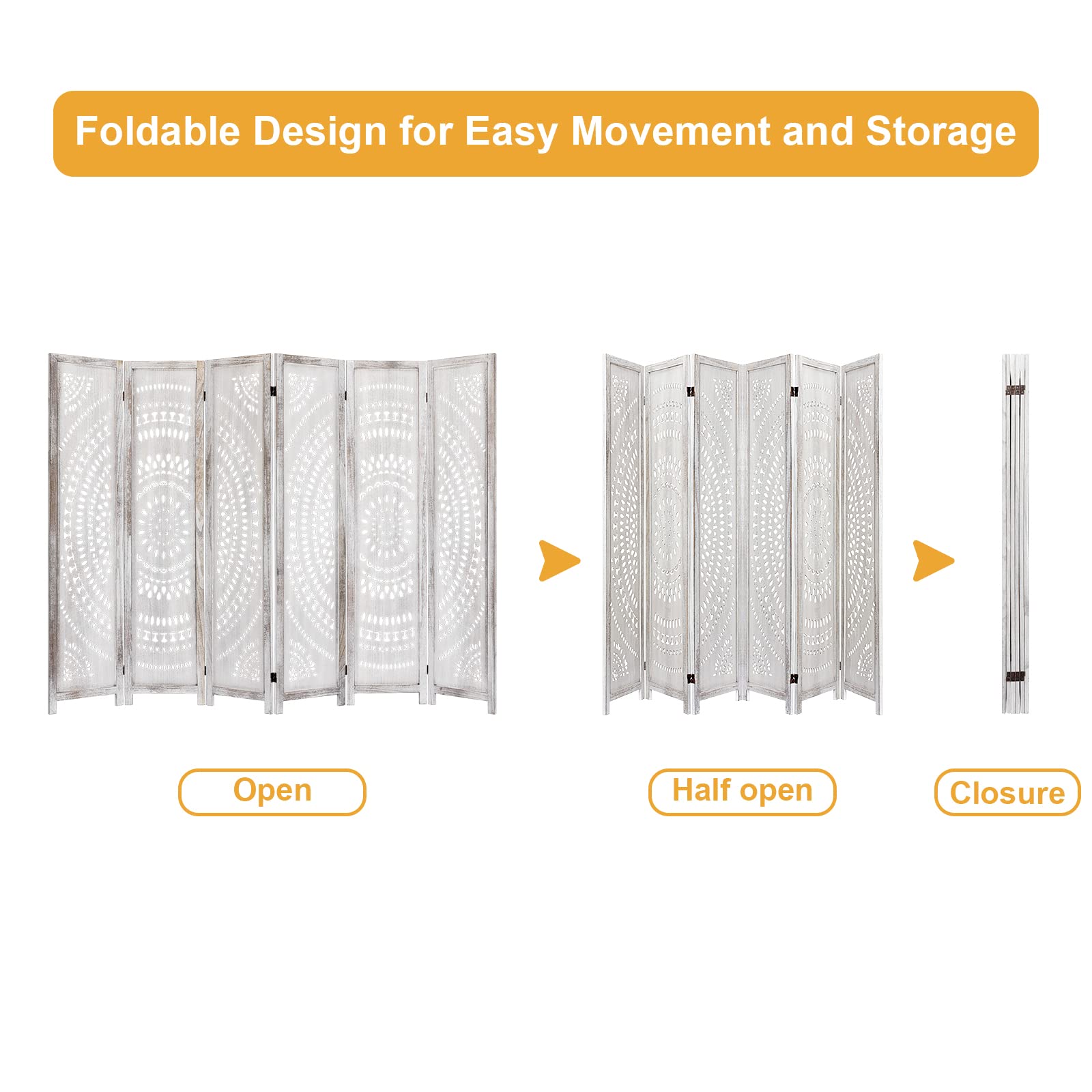 6 Panel White Wood Folding Room Divider Screen - 66.9 Inch Privacy Partition for Living Room, Bedroom & Office - No Assembly Needed - Perfect for Space Separation, Home Decor & Event Setup