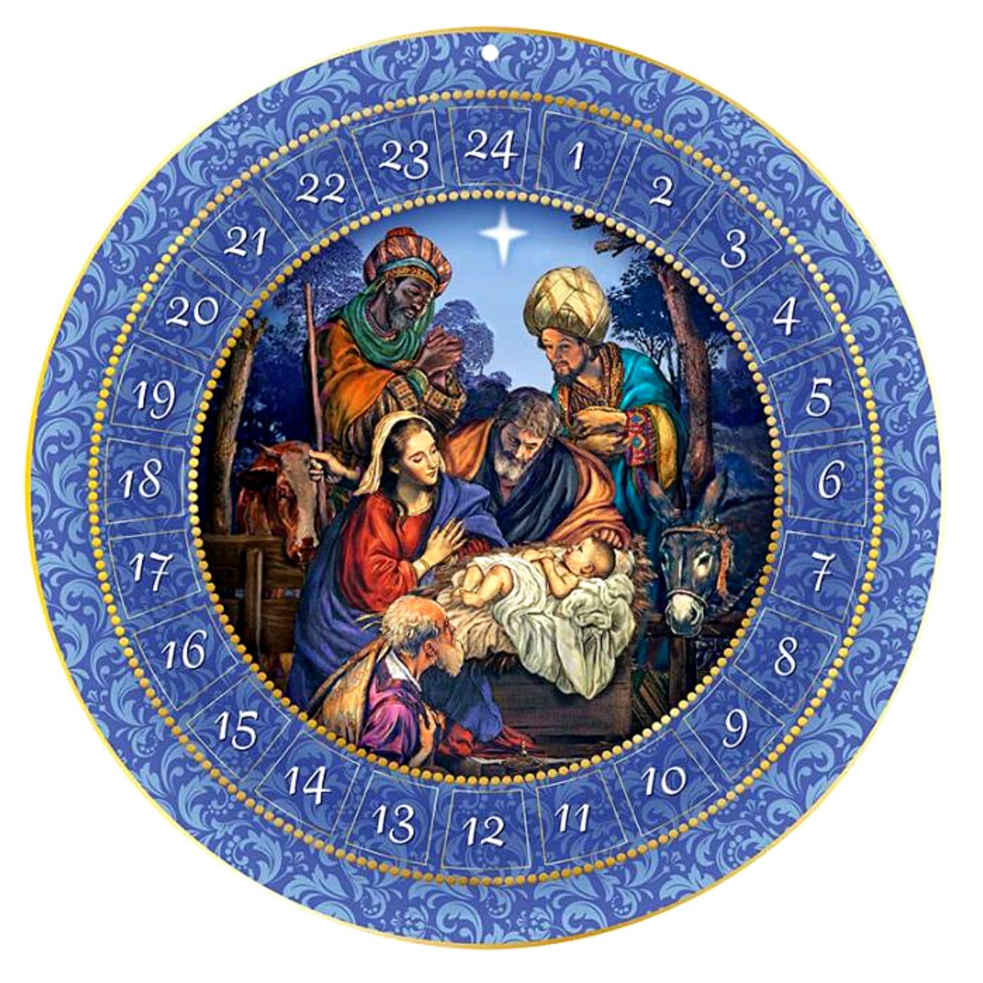 Needzo 13.75 Inch Round Hanging Catholic Advent Calendar 2024 - Nativity Scene Christmas Countdown with Daily Bible Verses | Religious Holiday Decor for Home, Church & Classroom
