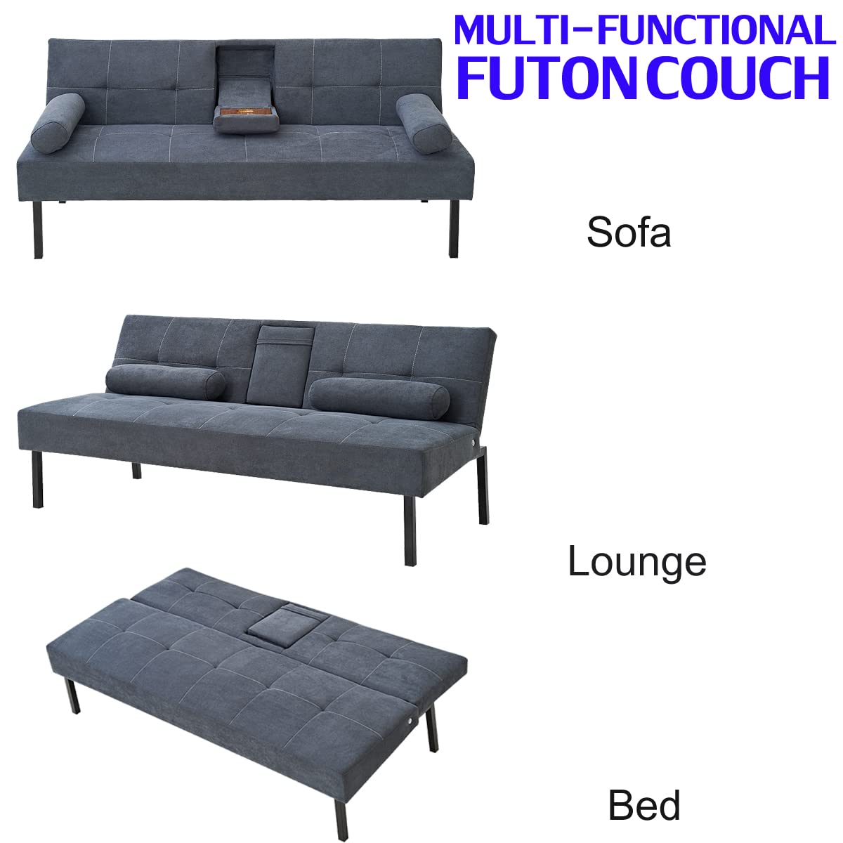 Modern Convertible Folding Futon Sofa Bed - 5 Angle Adjustable Linen Fabric Upholstered Daybed with 2 Cup Holders (Grey) | Space-Saving Guest Bed for Small Apartments, Dorm Rooms & Home Offices