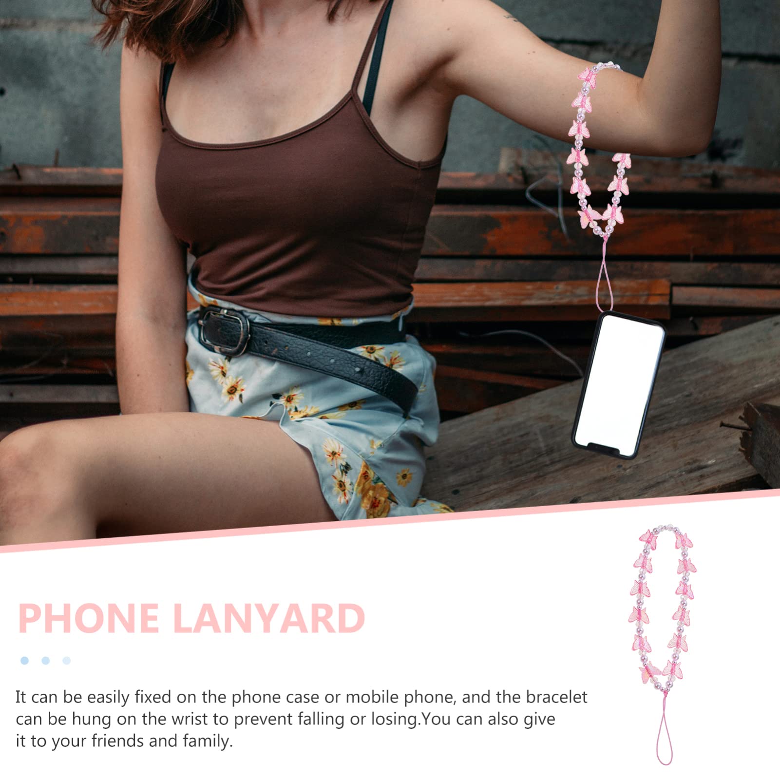 SOIMISS Pink Crystal Butterfly Beaded Phone Lanyard - Adjustable Wrist Strap for Smartphones, Cameras & Flashlights - Stylish Accessory for Women, Teens & Girls (Perfect for Parties, Concerts & Travel)