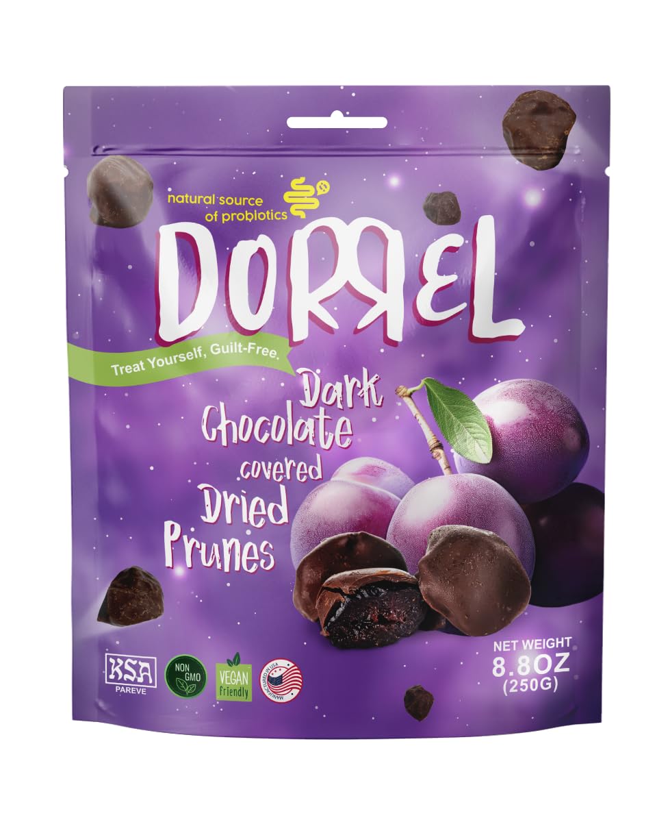 Organic Dark Chocolate Covered Dried Prunes - Healthy Vegan Snacks with Natural Probiotics | Non-GMO, Kosher Pareve | Nutritious Dried Fruit for Energy Boost, Weight Management & Gut Health | Perfect for Office Snacking, Travel & Gift Giving (8.8oz Pack)