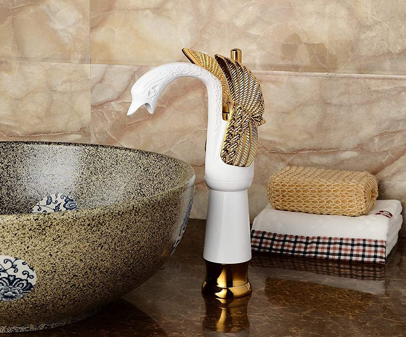 Swan White & Gold Tall Vessel Sink Faucet - Single Handle One Hole Basin Mixer Tap with Matching Pop Up Drain (No Overflow) - Perfect for Modern Bathroom Vanities & Bowl Sinks