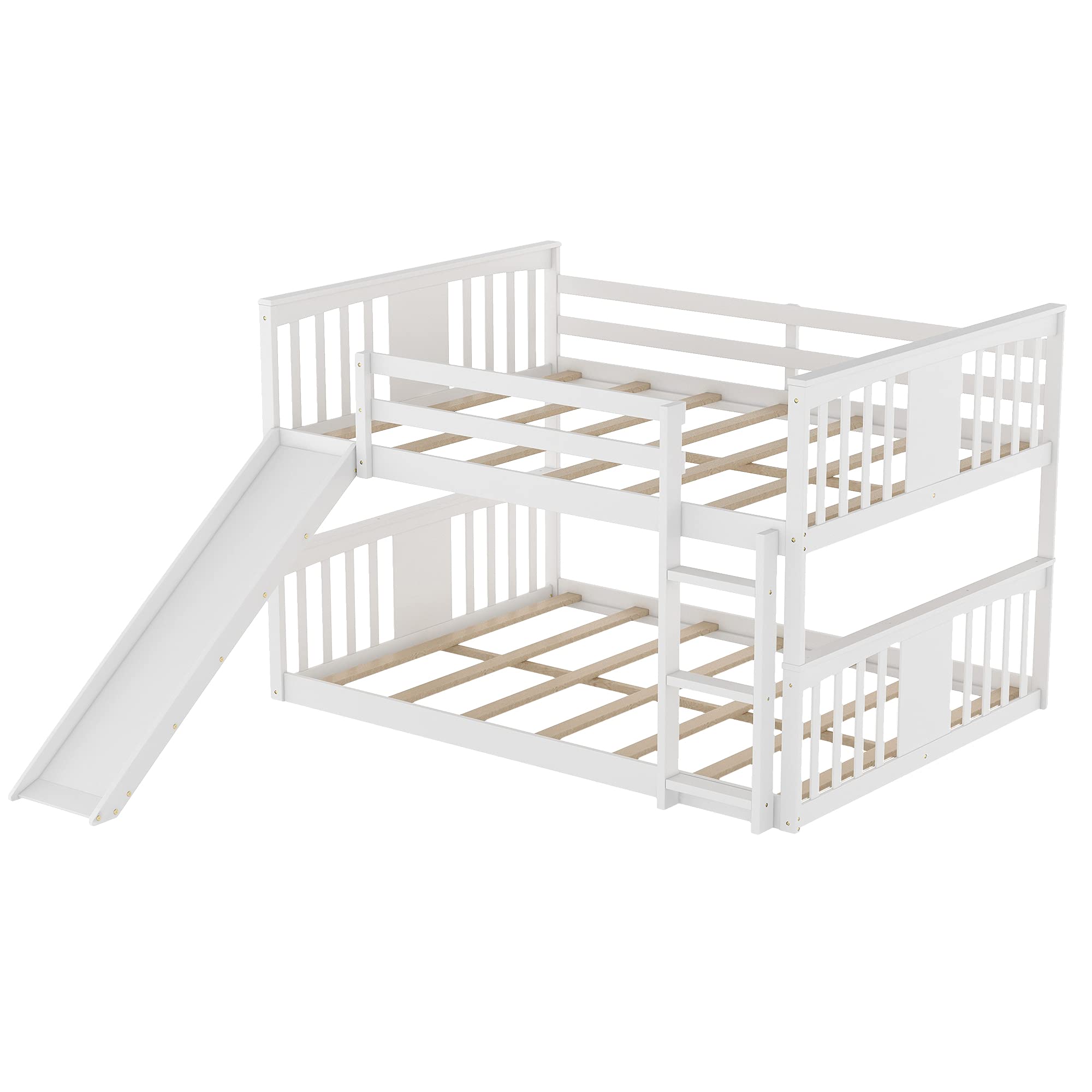 Harper & Bright Designs Full Over Full Bunk Bed with Slide - Solid Wood Low Bunk Bed Frame with Ladder & Safety Guard Rail - Kids & Teens Floor Bunk Beds for Bedroom, Dorm, or Guest Room (White)