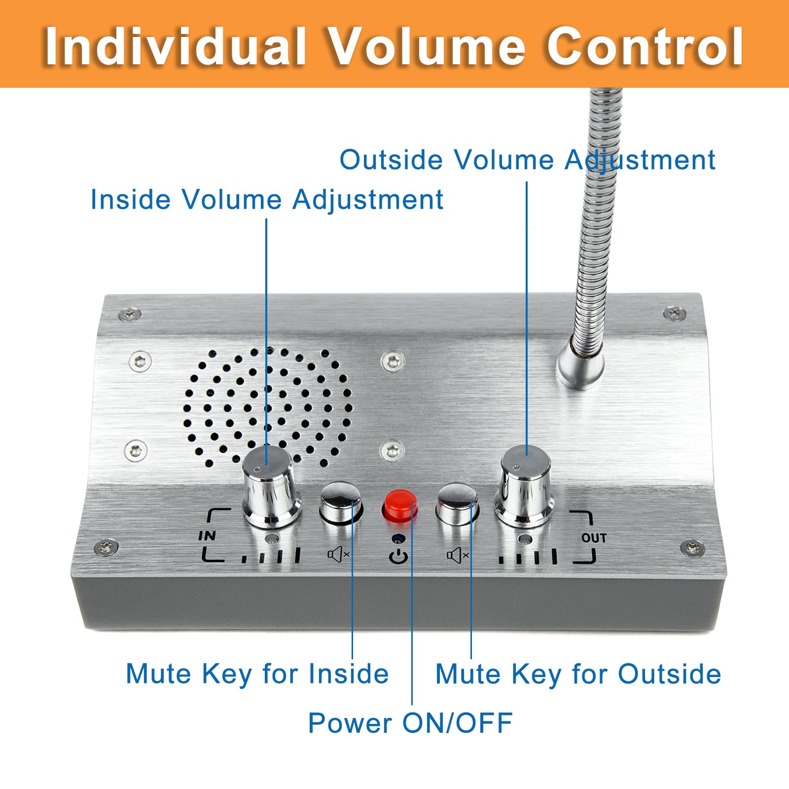 Two-Way Window Intercom Speaker with Mute Function - Silver | Clear Communication for Banks, Offices, Restaurants, Hospitals & Clinics | Ideal for Ticket Counters, Drive-Thrus & Security Checkpoints