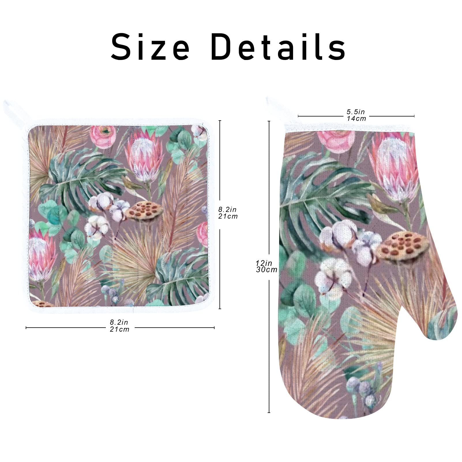 Boho Style Heat Resistant Oven Mitts & Pot Holders Set - 2 Pcs Tropical Floral Print Kitchen Gloves with Non-Slip Surface & Soft Cotton Lining for Cooking, Baking, Grilling, BBQ - Perfect for Home Chefs & Outdoor Entertaining