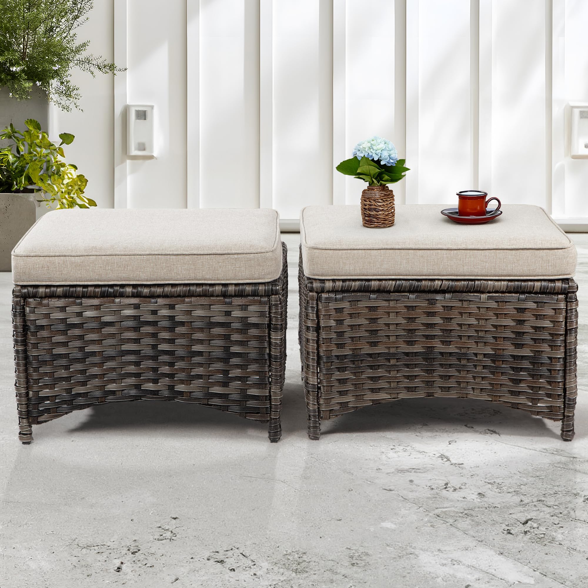 Joyside Outdoor Ottomans Set of 2 - PE Wicker Steel Frame Footstool with Removable Olefin Cushions for Patio, Garden, Backyard & Deck - Beige - Perfect for Relaxing, Entertaining & Outdoor Lounging