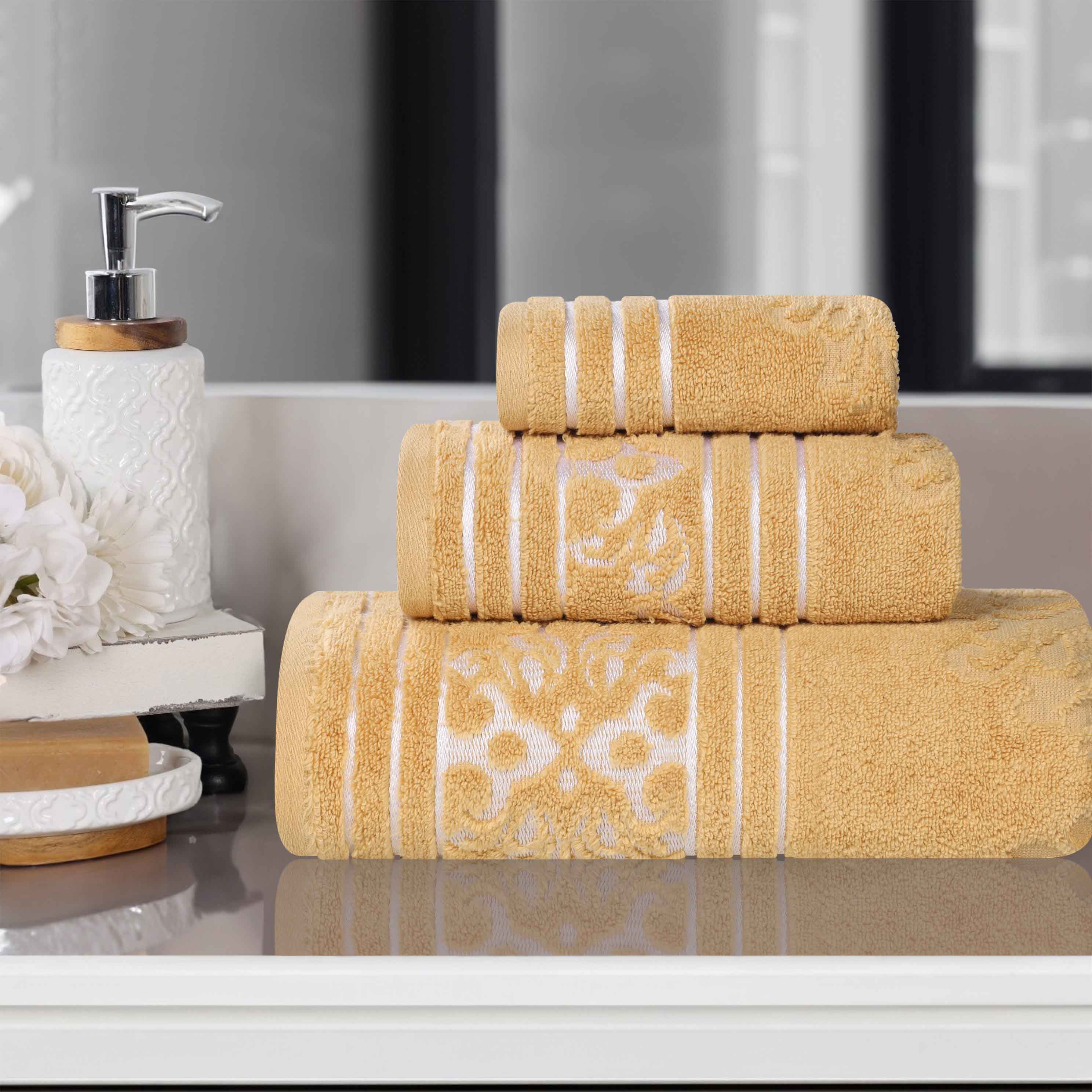 Premium Sadie Zero Twist Cotton 3-Piece Jacquard Towel Set with Elegant Floral Design - Soft Bath Towels for Spa, Guest Bathroom & Luxury Home Decor