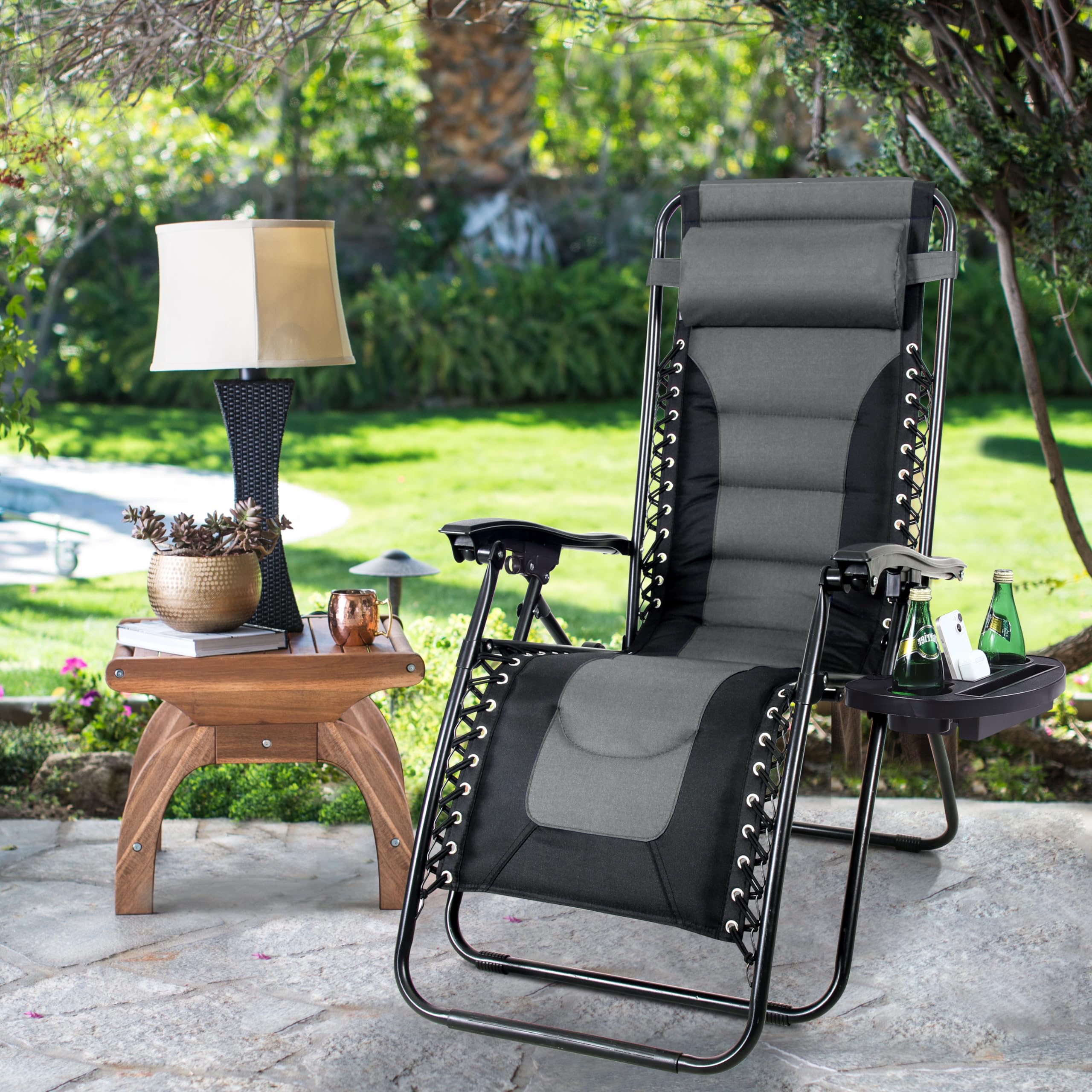 MAISON ARTS Zero Gravity Lounge Chair - Foldable Padded Patio Recliner with Pillow & Cup Holder - 350LBS Weight Capacity - Grey - Perfect for Poolside Relaxation, Backyard Lounging, Beach Camping & Outdoor Adventures