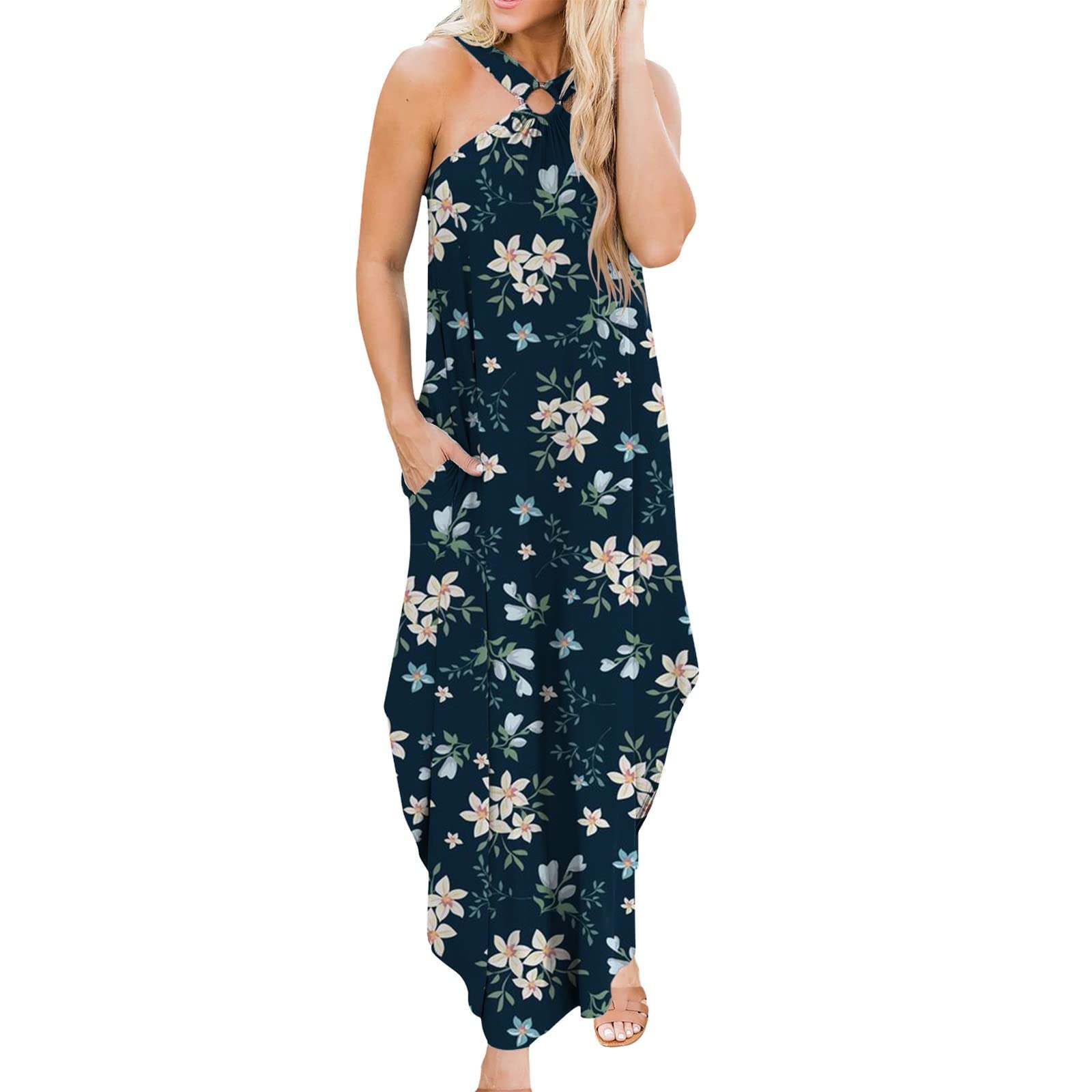 Boho Summer Maxi Dress for Women - Floral Print Sleeveless Beach Dress with Side Slit & Pockets | Perfect for Vacations, Pool Parties, and Casual Outings
