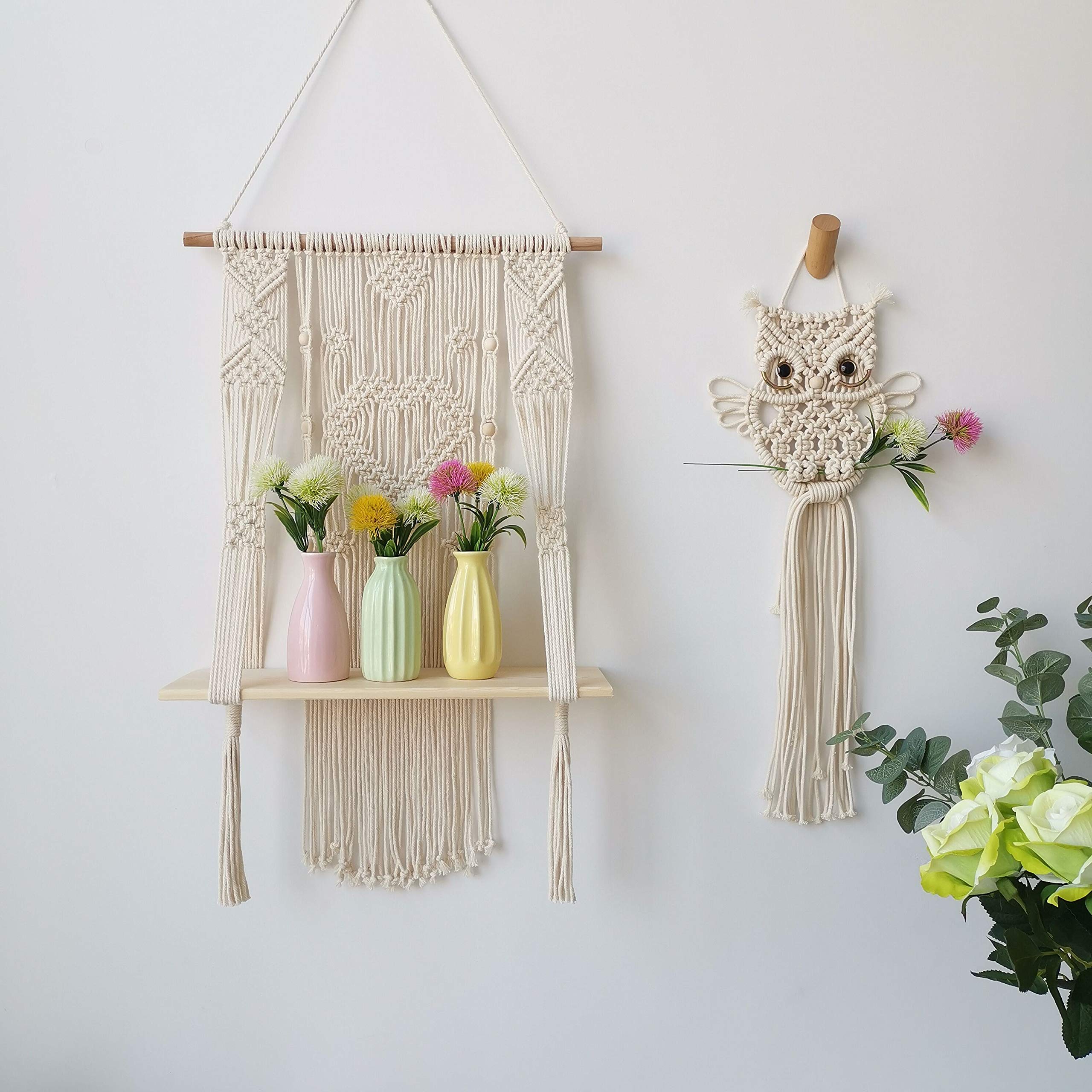 Bohemian Macrame Wall Hanging Shelf with Wood Floating Storage - Handmade Heart Design Home Decor for Living Room, Bedroom & Bathroom Organization