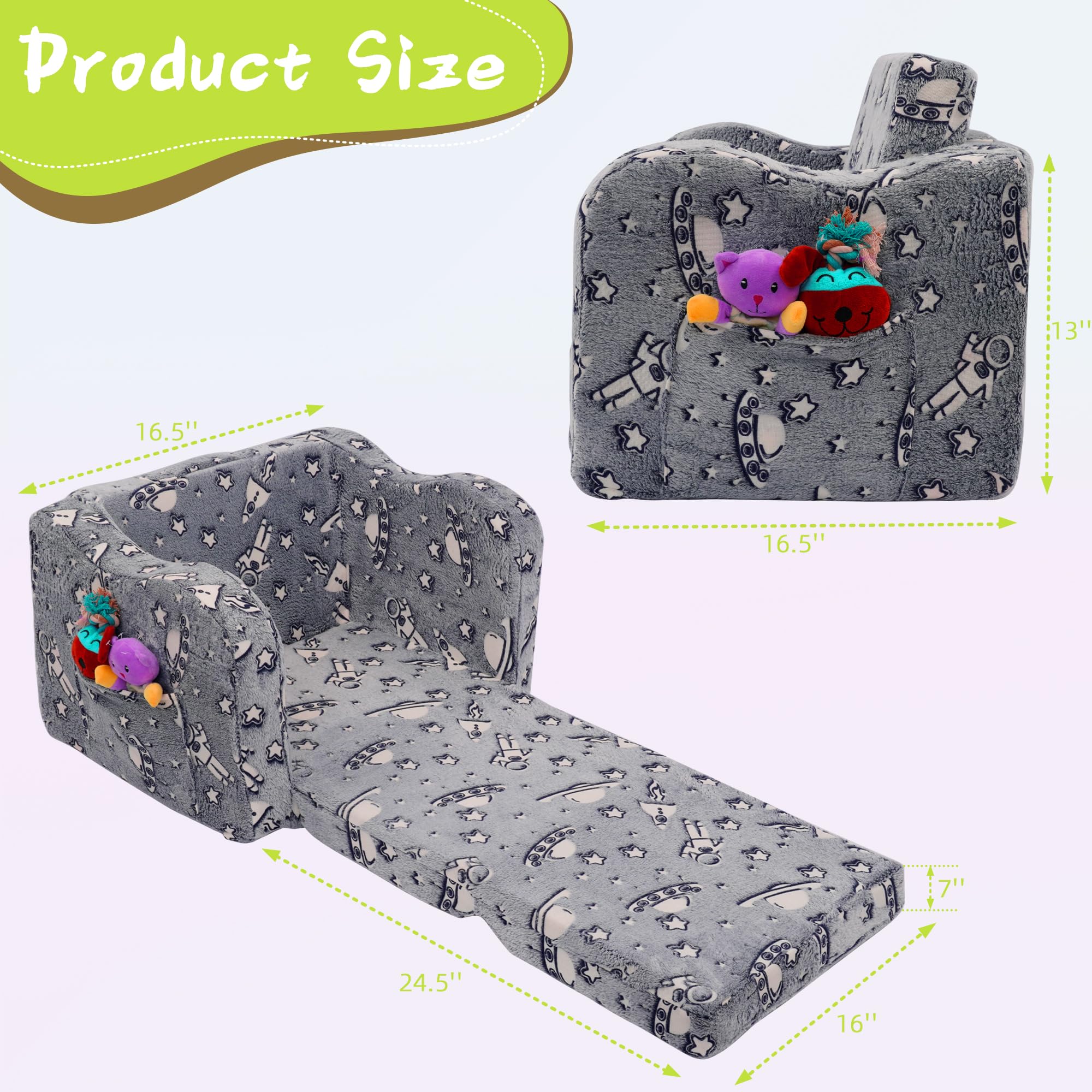 2-in-1 Glow in The Dark Toddler Couch Bed - Convertible Sofa to Lounger for Boys & Girls | Foldable Kids Furniture for Playroom, Nursery & Bedtime Reading