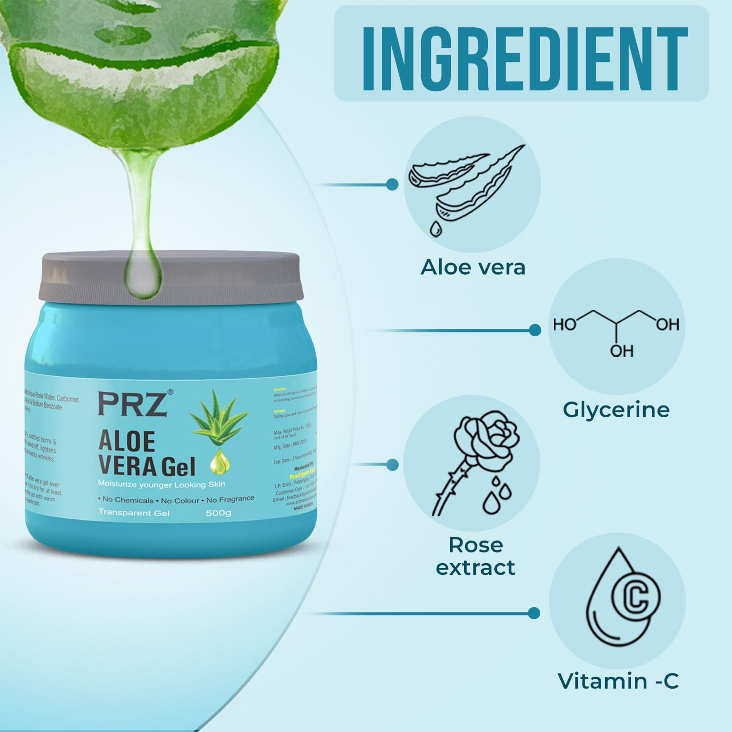 PRZ 100% Pure Natural Aloe Vera Gel (500g) - Hydrating Moisturizer for Face & Body, Hair Gel, Skin Treatment for Acne Scars & Glowing Skin | Perfect for Daily Skincare, Sunburn Relief & DIY Beauty Recipes