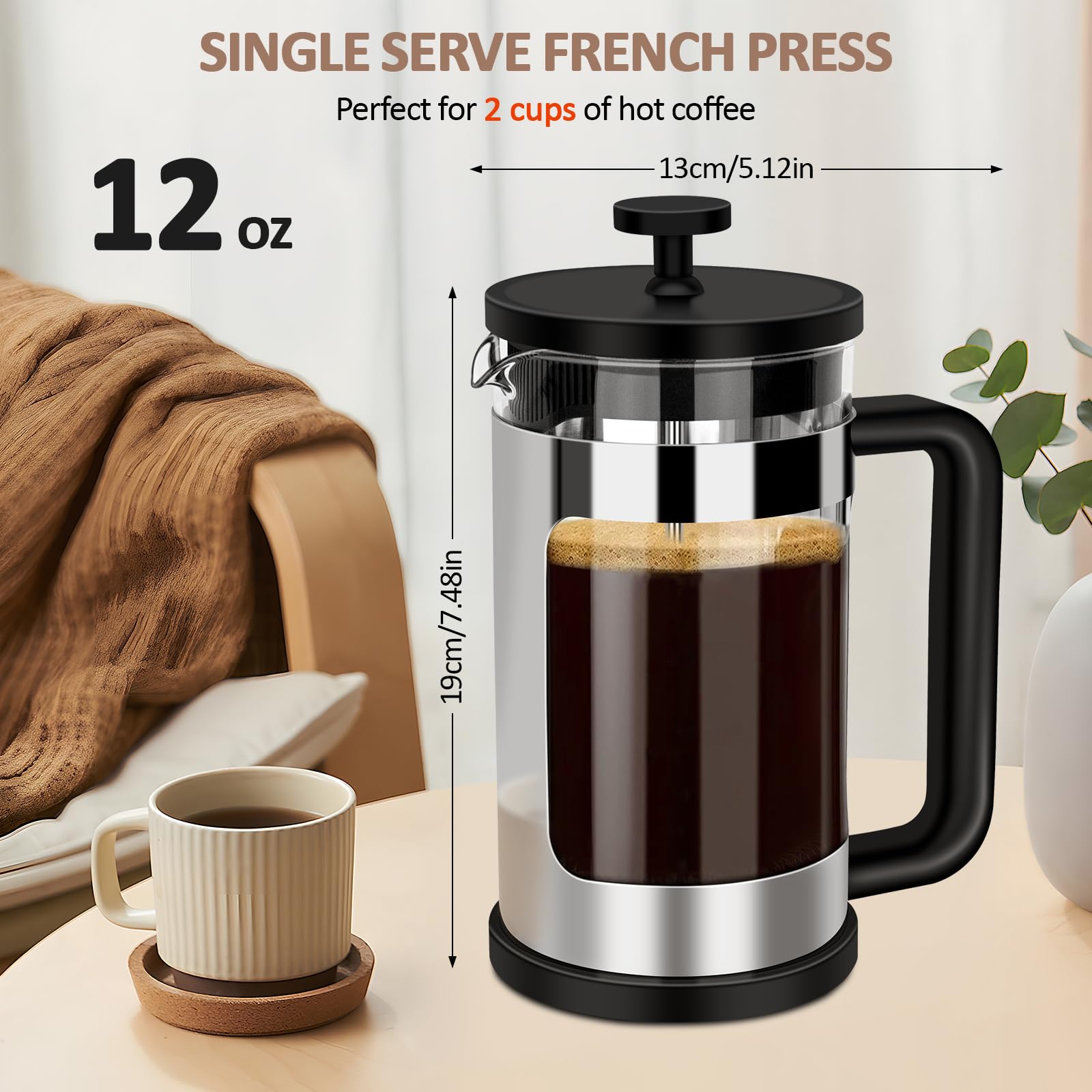 RAINBEAN 12 Oz French Press Coffee Maker - Single Serve Mini Coffee Press with 3-Stage Filtration, Heat-Resistant Borosilicate Glass - Perfect for Home, Office & Travel Coffee Brewing