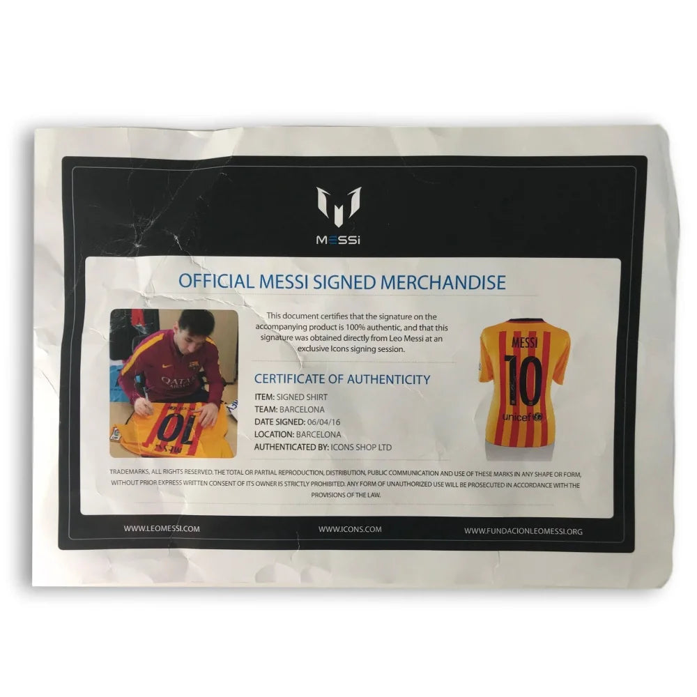 Authentic Lionel Messi Signed 2015 Barcelona Away Jersey with COA - Leo Icons Collection - Perfect for Soccer Memorabilia Collectors & Messi Fans