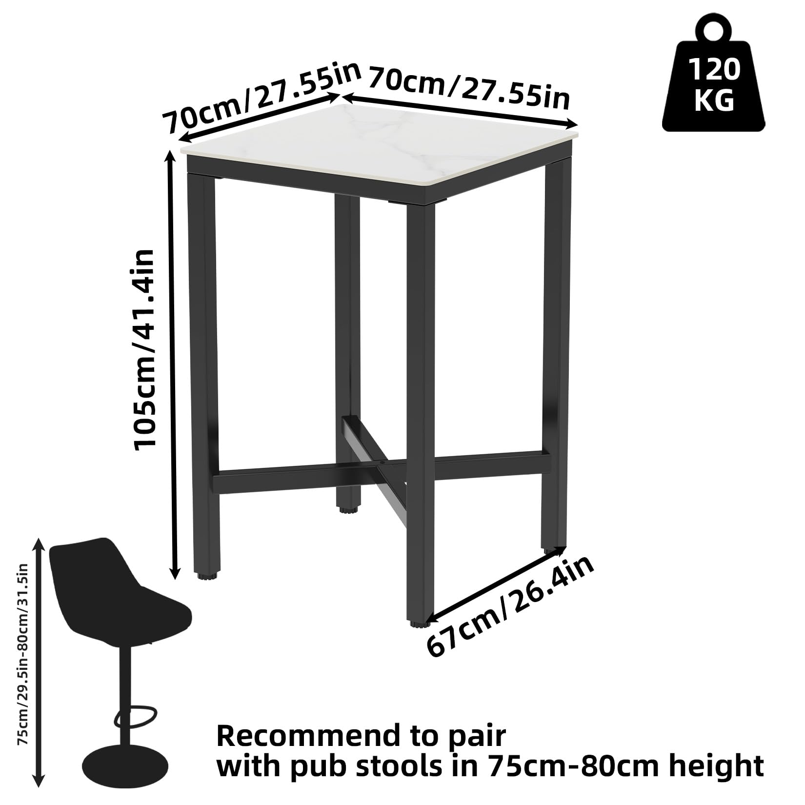 Wisfor White Square Sintered Stone Bar Table with Black Metal Frame - 27.56x27.56x41.34 Inch High Top Pub Table, Small Breakfast Dining Table, Tall Coffee Table with Cross-Legs - Perfect for Kitchen Islands, Outdoor Patios, and Modern Living Rooms