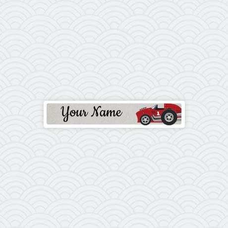 Peel & Stick Waterproof Name Labels - 80 Durable Personalized Skinny Stickers for Kids, Racecar Themed - Perfect for School Supplies, Lunch Boxes & Toy Organization