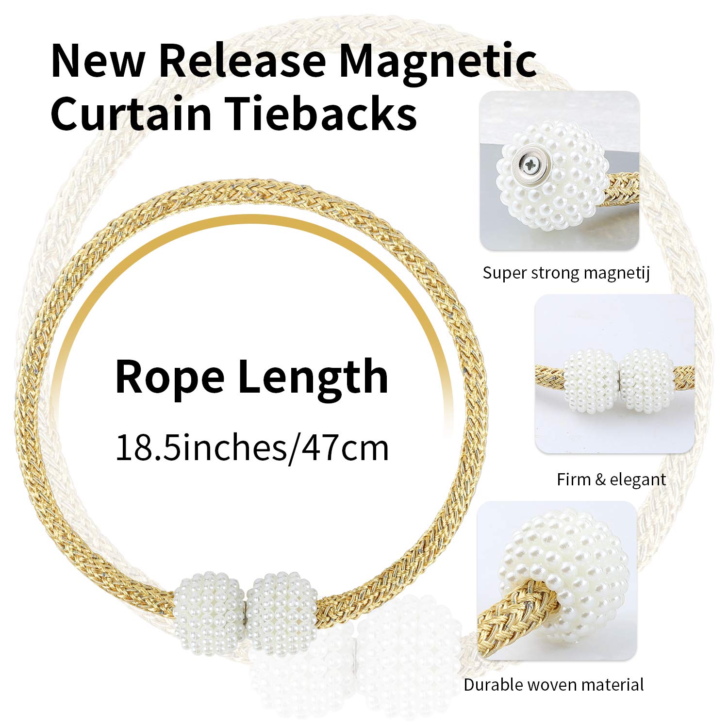10Pcs Magnetic Curtain Tiebacks - Elegant Faux Pearl Ball Rope Holders for Home & Office (18.5 Inch) - Perfect for Living Room, Bedroom & Window Decorations
