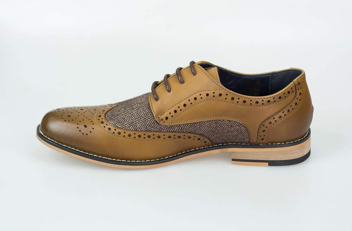 Horatio Tan Men's Tweed Brogue Shoes - Classic Oxford Style for Formal & Casual Wear - Perfect for Weddings, Office & Everyday Outfits