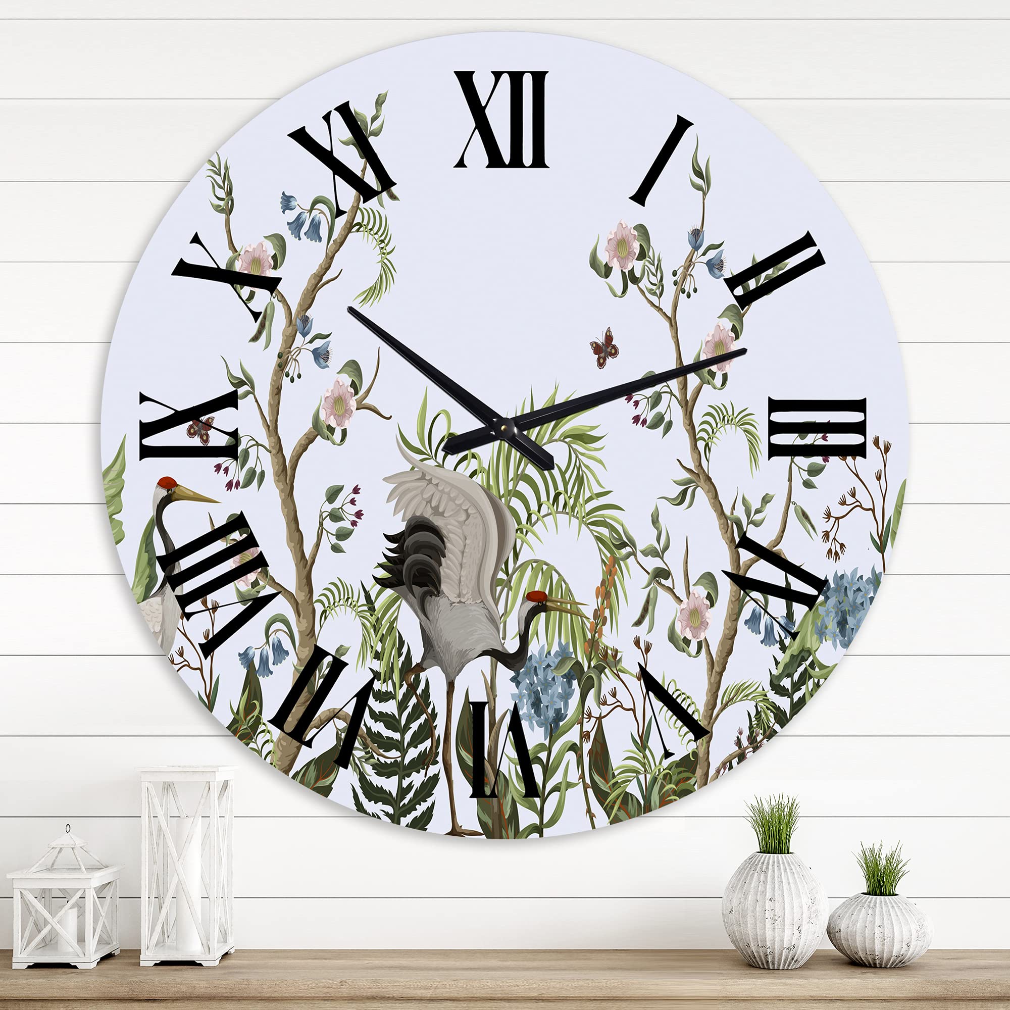 Chinoiserie Style Large Wall Clock with Cranes & Peonies Design - Traditional Home Decor for Living Room, Bedroom & Office | Silent Non-Ticking Modern Clock