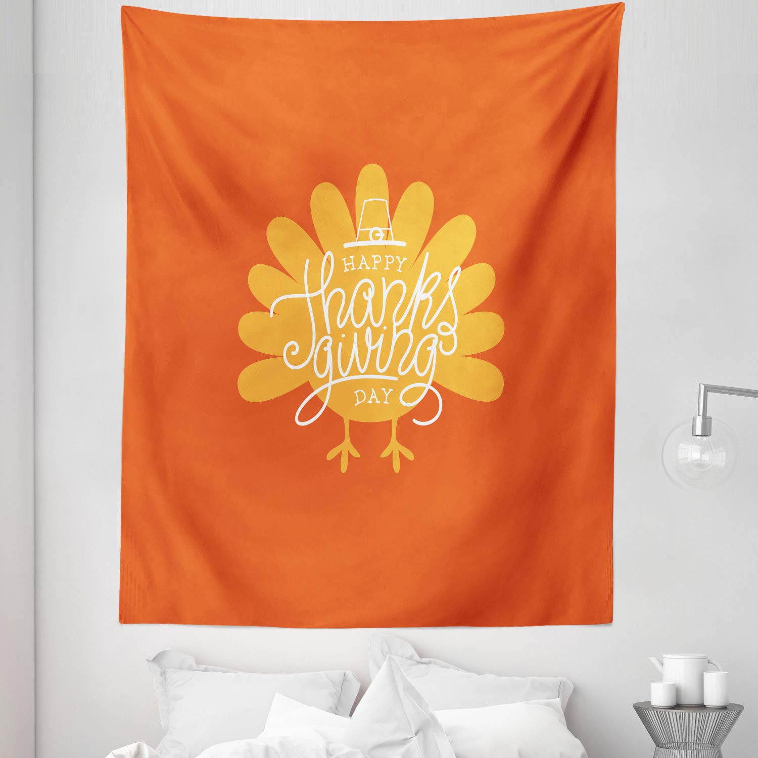 Ambesonne Turkey Tapestry Twin Size - Thanksgiving Wall Hanging with Poultry Silhouette, Autumn Bedspread & Wall Decor (68x88 Inches, Orange Mustard White) - Perfect for Fall Home Decor, Seasonal Bedroom Accent & Holiday Party Backdrop