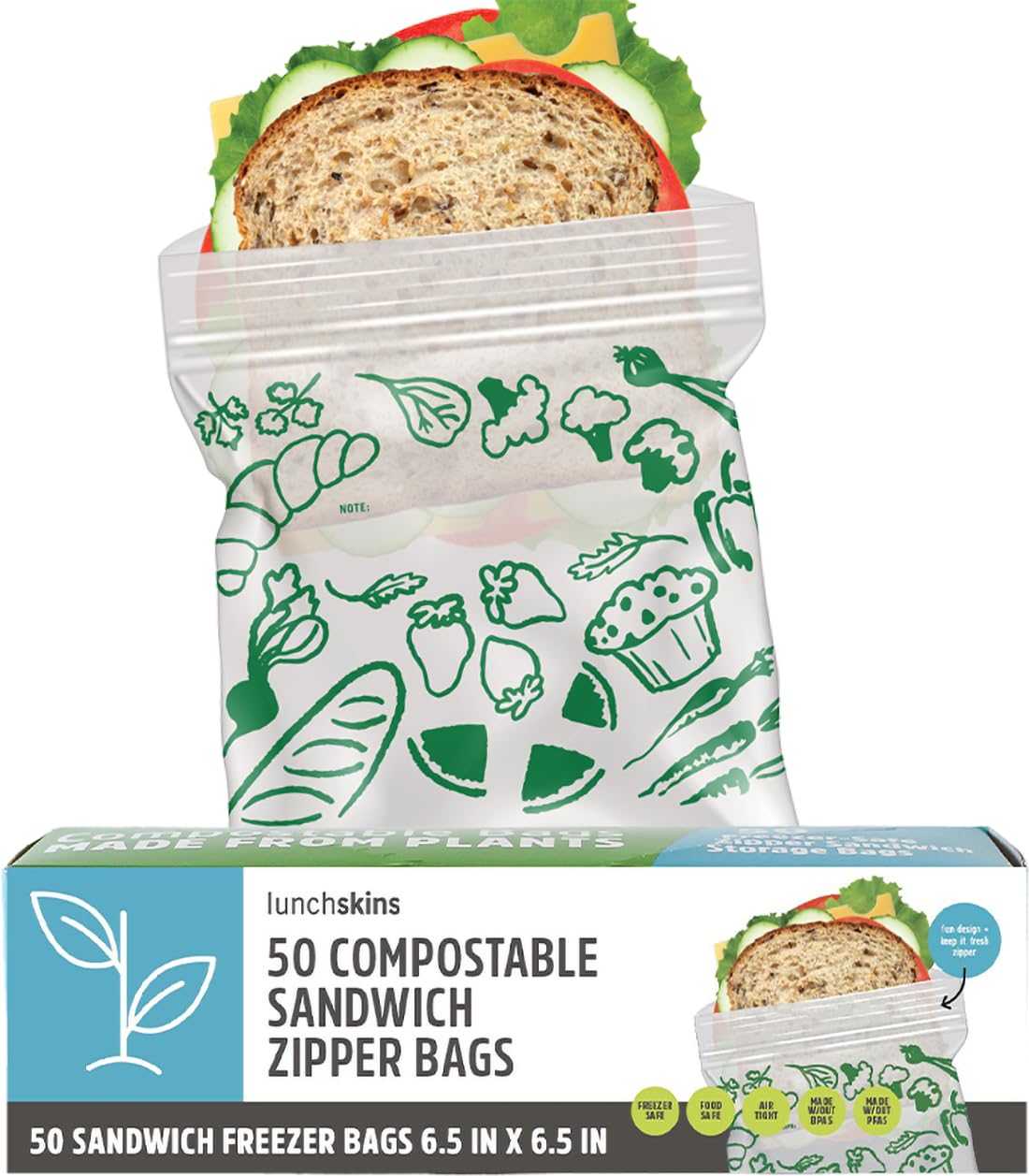 Eco-Friendly Ziptop Compostable Food Storage Bags - Sandwich Size, 50 Pack | PFAS & BPA Free, Freezer Safe & Resealable | Perfect for School Lunches, Meal Prep & Snack Storage