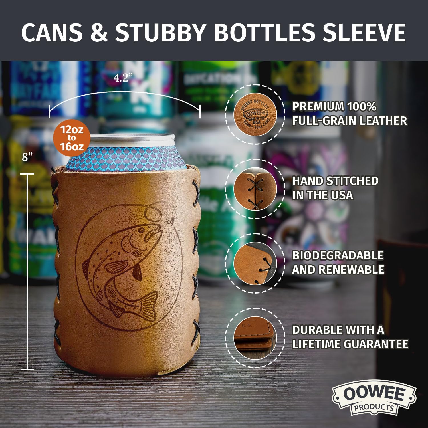 Premium Genuine Leather Can Holder Sleeve for 12-16oz Cans | Insulated Beer, Soda & Seltzer Koozie | USA Made Fishing & Camping Accessory | Perfect Gift for Men & Women | Outdoor, BBQ & Tailgating Essential