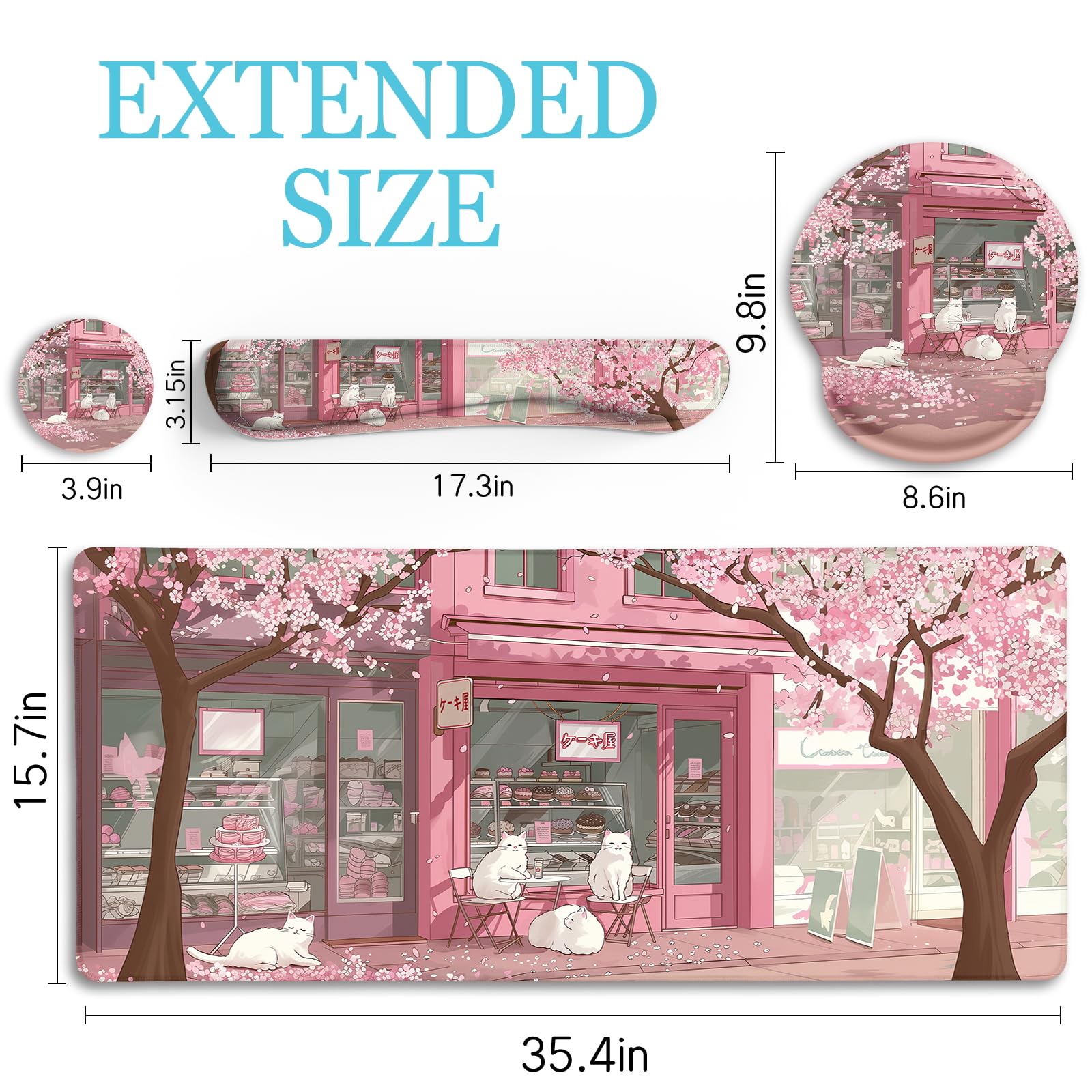 Anime Cat XXL Gaming Mouse Pad Set with Wrist Rest, Keyboard Mat & Cat Coaster - Cute Pink Lycra Office Desk Accessories for Gamers & Anime Fans | Perfect for PC Gaming, Workstation Setup & Home Office Decor