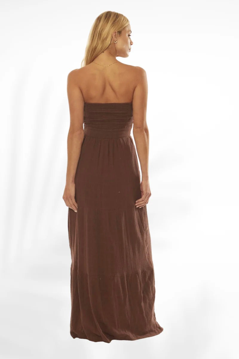 Carli Coffee Strapless Maxi Dress - Flowy Summer Beach Dress for Women, Perfect for Vacations, Weddings & Date Nights