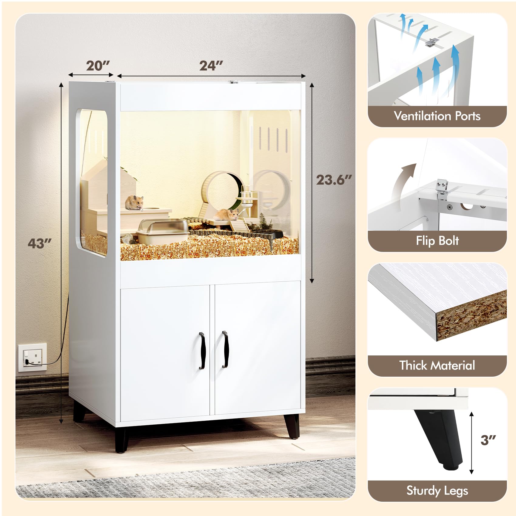 Large Hamster Cage with LED Lights & 360° View Acrylic Panels - Spacious Small Animal Habitat with Storage Cabinet for Guinea Pigs, Rats, Hedgehogs, Ferrets - Perfect for Pet Playtime & Home Decor